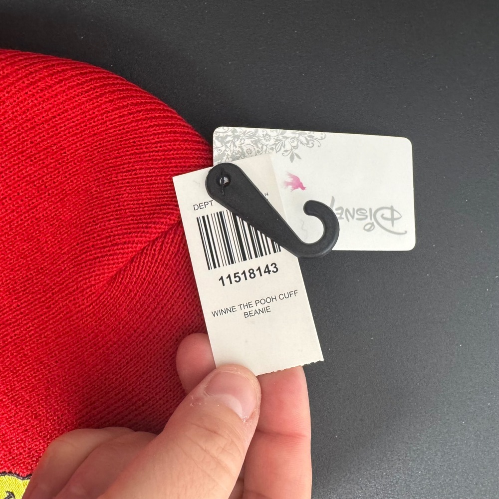 Disney Winnie the Pooh Beanie Adult OS Red Embroidered Cuff Knit Hat NEW - Picture 3 of 4